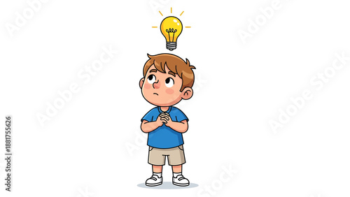 Young Boy Thinking with a Bright Idea Lightbulb Above Head.