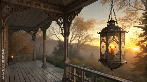 Vintage ornate lantern hanging on a wooden porch at sunset with foggy forest view,Ramadan Kareem, Islamic celebration, 3D icon, Crescent moon, Star, Eid Mubarak, Religious symbol, Minimalist, 3D rende