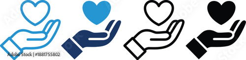 Set of hands holding hearts in various styles and colors, representing care, love, and charity