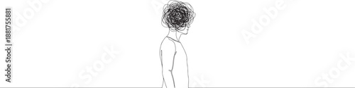 Continuous line drawing of a person with tangled lines representing a messy mind, symbolizing confusion, stress, and mental health