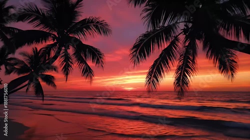Sunset over ocean silhouette palm trees dramatic sky landscape