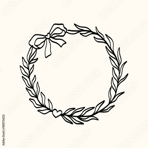 Hand-drawn round frame with ribbon bows, floral details, and a soft vintage character. Designed for wedding invitations, romantic cards, and elegant festive menus