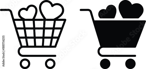 Two shopping cart icons, one outlined and one filled, each containing two heart shapes, symbolizing love and shopping