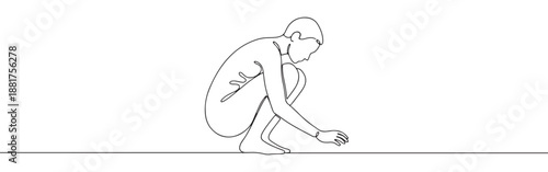 Continuous line drawing of a person squatting and reaching forward, symbolizing curiosity, exploration, or a humble gesture