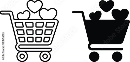 Shopping cart filled with hearts symbolizing love and romance, presented as simple icons for various design applications