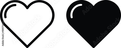 Versatile heart icons clean outline and solid fill, perfect for digital love, likes, and favorites in UI/UX design