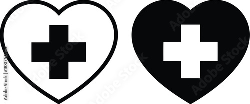Modern minimalist heart and cross icons, representing universal healthcare, medical compassion, and well-being. Ideal for health awareness campaigns, charity, or wellness initiatives