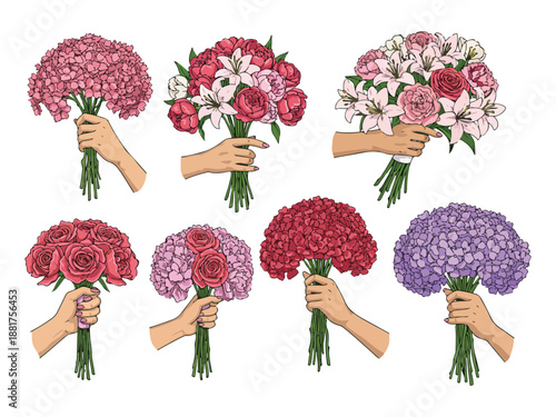 Hands Holding Bouquets of Flowers in Various Colors