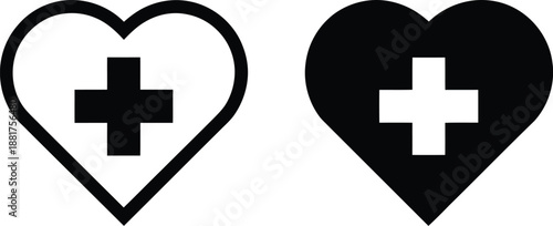 Monochrome heart symbols featuring a prominent medical cross, representing essential healthcare, wellness, and supportive medical assistance concepts