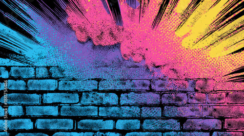 Colorful graffiti on brick wall with explosive halftone effects, featuring vibrant blue, pink and yellow pop art splashes.