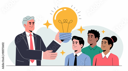 mature businessman with grey hair handing a large glowing lightbulb to a younger diverse group of employees