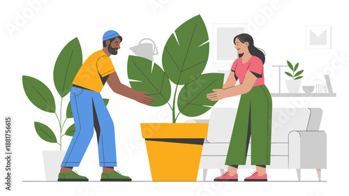 man and a woman decorating their living room with a large houseplant vector illustration