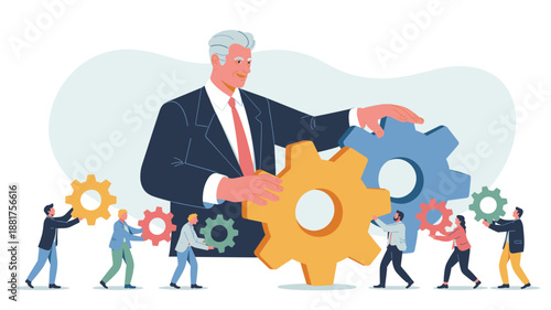 mature businessman in a suit adjusting a large geometric gear vector illustration