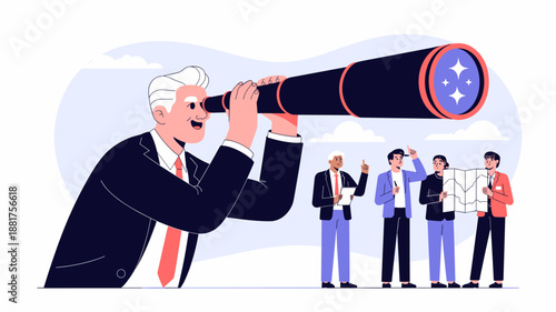 senior businessman looking through a telescope toward a star icon with his team vector illustration