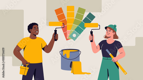 a Black man and a woman holding paint rollers and working on a wall flat vector illustration
