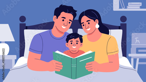 parents reading bedtime story to a child at home vector illustration