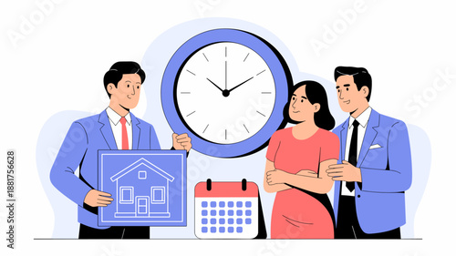 Asian businessman holding a large blueprint of a house icon while talking to a couple, illustrating the concept of retirement planning