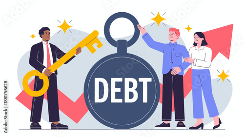 financial advisor with a key helping a couple with a debt problem vector illustration 