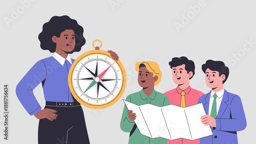 confident black female business coach holding a compass  guiding a diverse team with a map vector illustration