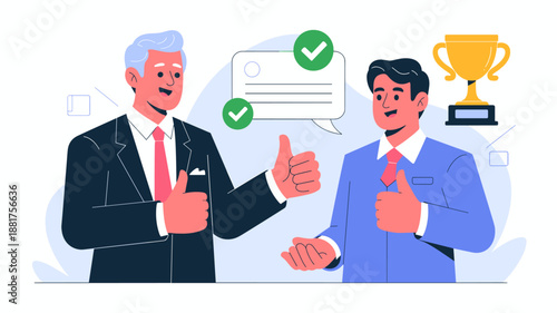 a smiling mature businessman giving a thumbs-up to a young professional vector illustration