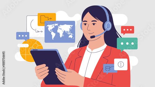 an asian businesswoman wearing a headset and holding a tablet with world map vector illustration