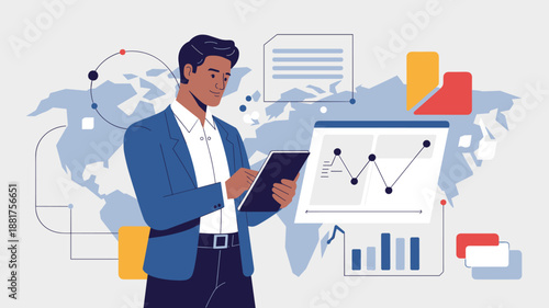 business manager reviewing international market opportunities vector illustration