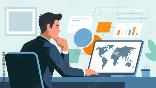 corporate manager analyzing global business opportunities at a desk on a laptop with world map