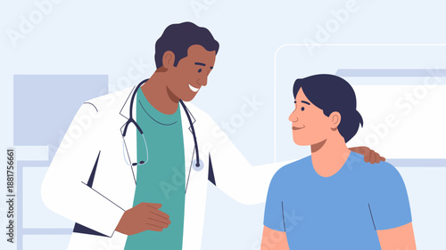 caring physician comforting patient during consultation vector illustration
