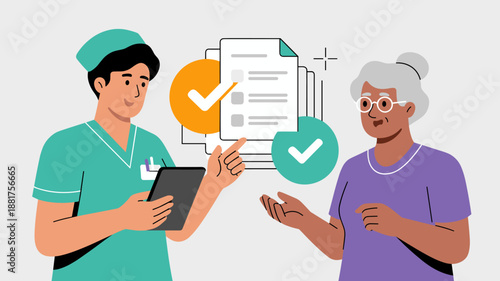 male nurse showing medical records on a tablet to an elderly woman vector illustration