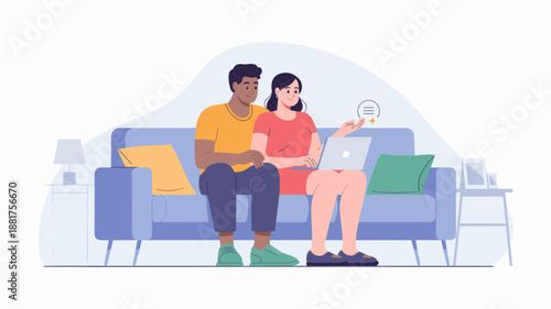 couple on a sofa shopping online with a laptop vector illustration