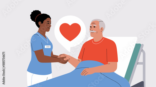 Black female nurse holding the hand of an elderly man sitting in a hospital bed, illustrating the concept of geriatric companionship