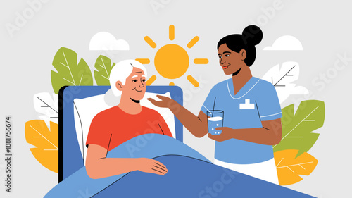 nurse giving water to an elderly woman in bed vector illustration, reassuring patient with warm smile