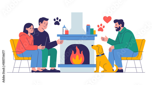 people and a dog relaxing by a fireplace vector illustration, a cozy home and companionship