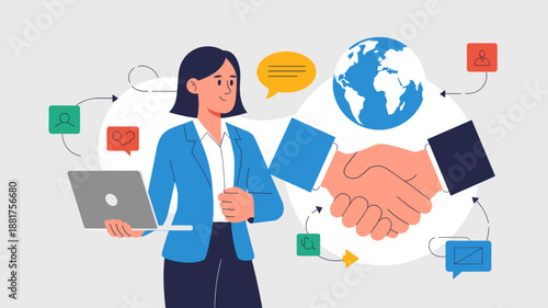 businesswoman with a laptop making a global handshake vector illustration 