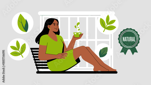 woman sitting on a window bench with a green tea cup, illustrating the concept of an organic lifestyle