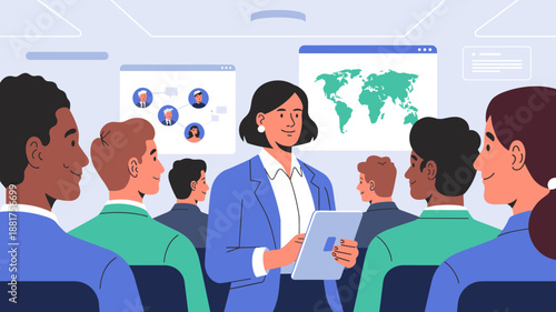 female executive presenting at a global business conference vector illustration