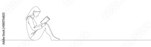 Continuous line drawing of a person reading a book, symbolizing education, knowledge, and quiet contemplation