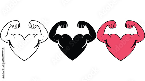 Heart shapes flexing biceps in black white and pink flexed muscles