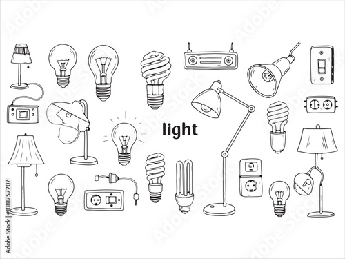 Illustration of various light bulbs and lamps in black and white