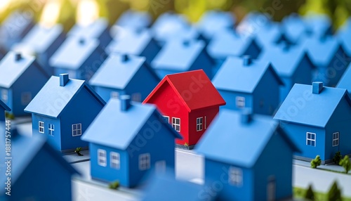 A red house, distinct amongst many blue ones, sits centered, conveying individuality and potential real estate themes