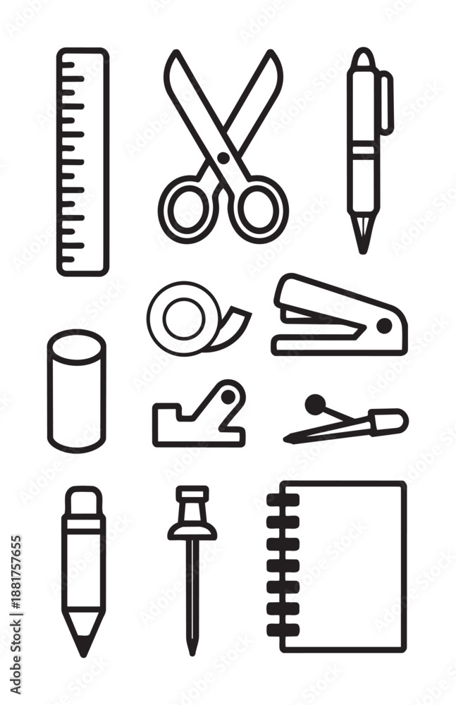 Obraz premium Black and white of office supplies ruler scissors