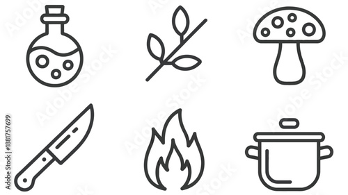 Black and white of potion bottle knife mushroom leaves fire pot line