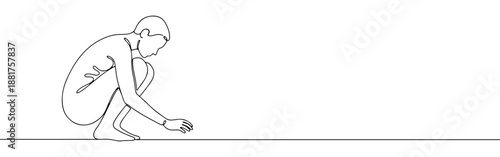 Continuous line drawing of a person squatting and reaching forward, symbolizing curiosity, exploration, or a humble gesture