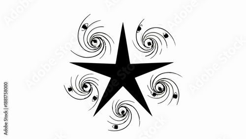 Abstract black star surrounded by swirling cosmic patterns and small celestial bodies