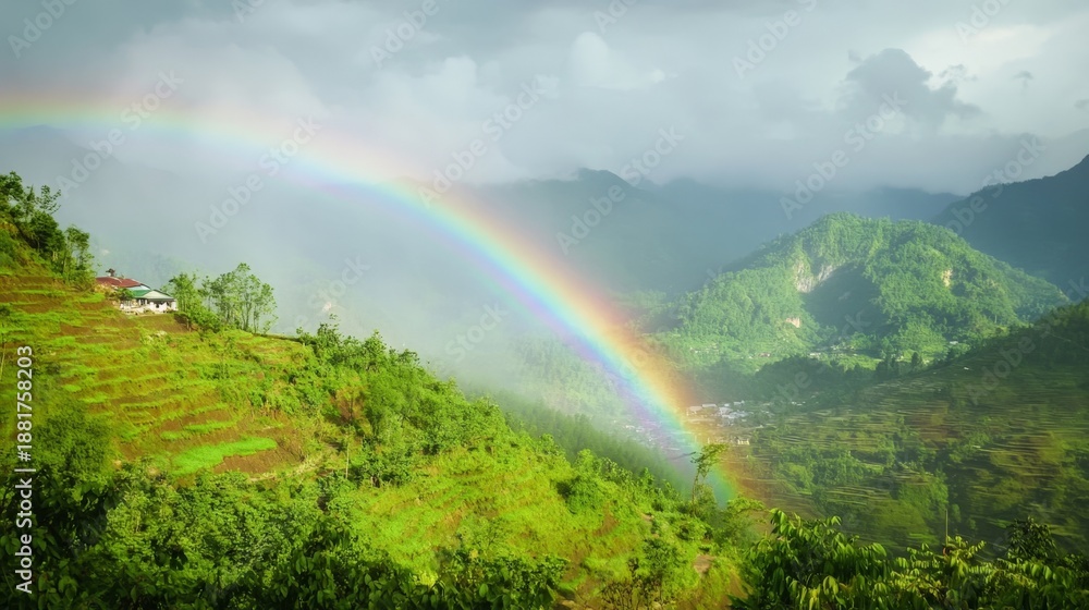 Fototapeta premium Vibrant rainbow spans across lush green hills and terraced fields under a cloudy sky with distant mountains creating a picturesque landscape