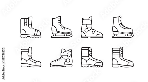 Collection of different types of winter sports boots