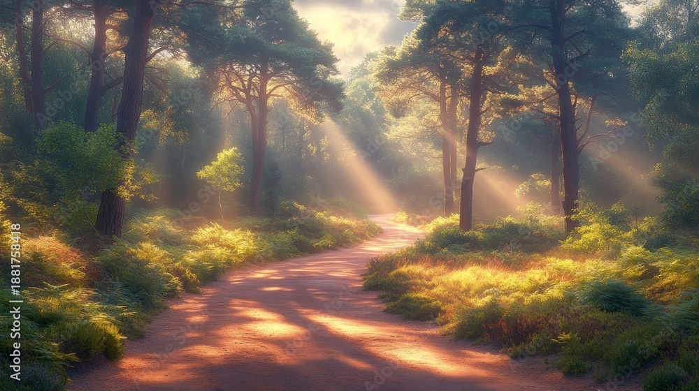 Obraz premium Sunlight streams through a misty forest path