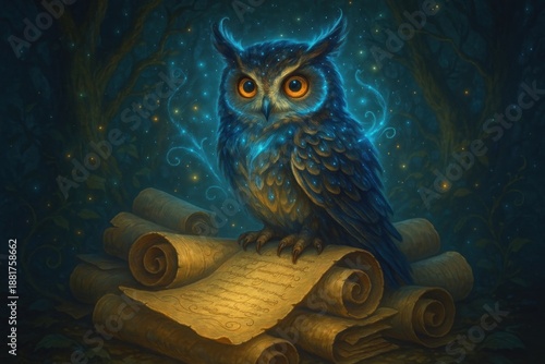 Mystical owl amidst ancient scrolls.