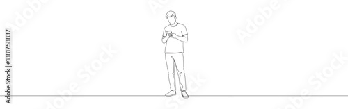 Continuous line drawing of a person using a smartphone, symbolizing communication, technology, and digital connection