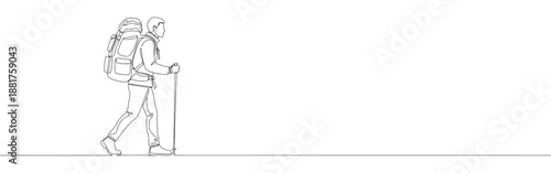 Continuous line drawing of a hiker with a backpack and walking stick, symbolizing adventure, nature, and outdoor exploration